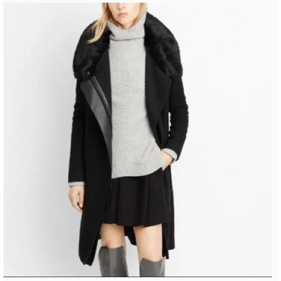 Vince Fur Collar Wool Coat M Black Leather Glam Capsule Minimalist Old Money - Picture 1 of 12